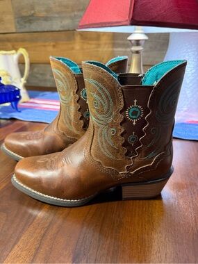 Justin Boots Brown Leather Kids Western Boots with Turquoise Accents